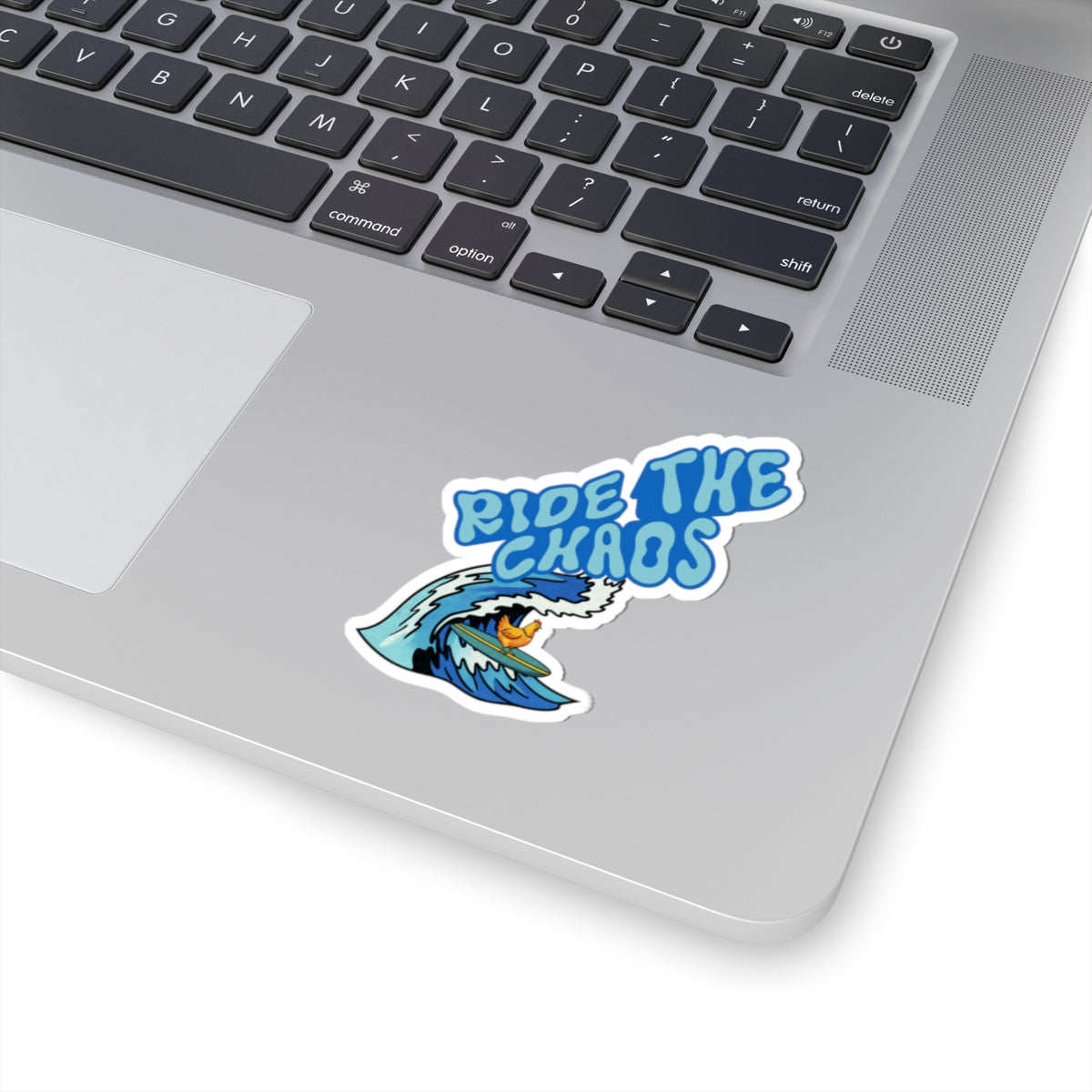 Ride the chaos Surfing chicken sticker